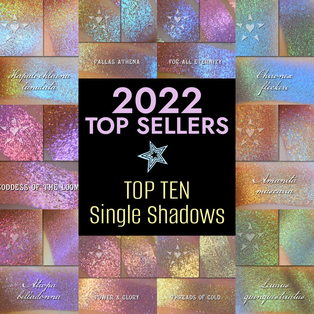 Image showing skin swatches of different views f this shade, It has a warm red base and strong gold to chartreuse color travel.