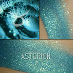 Collage of Asterion eyeshadow loose and swatched on the skin. A vivid teal blue with strong gold to chartreuse color traveling reflects. 