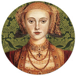 Painting showing Anne of Cleves in traditional dress of gold, burgundy and brown, in front of a dark green brocade background.