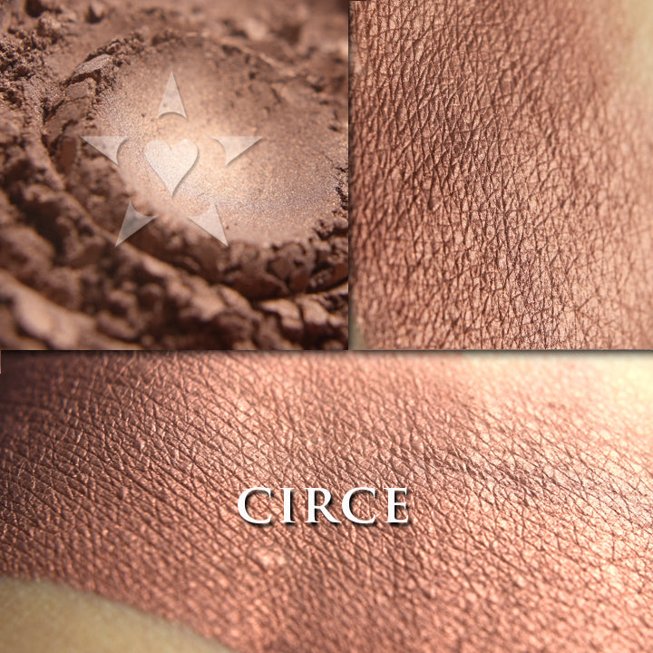 CIRCE- Multipurpose - Rouge loose and swatched on the skin. Circe is lush and metallic rose gold bronze