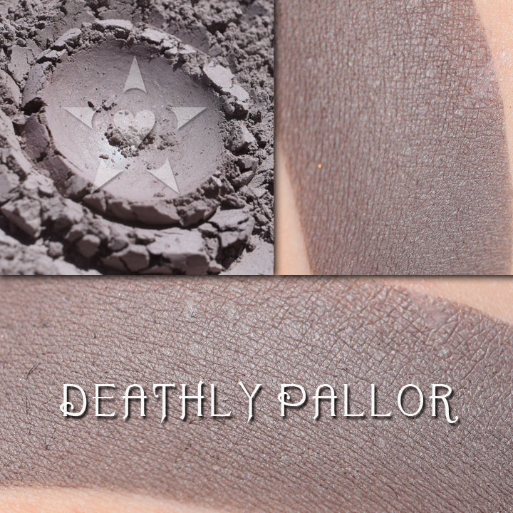 DEATHLY PALLOR - Multipurpose Contour/Eyeshadow loose and swatched on the skin,.  Cool greyed taupe