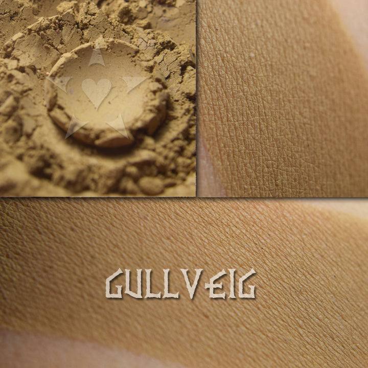 Gullveig matte eyeshadow, Midtone gold/olive khaki. Burnt mustard.