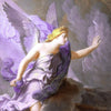 Detail of a painting depicting the Greek Goddess Iris, with purple wings and robes, amidst the clouds.
