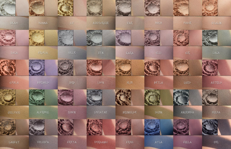 Image depicts a large group of matte eyshadows from the matte Saga collections. This grouping shows nature toned matte eyeshadows in a range of tones and shades.