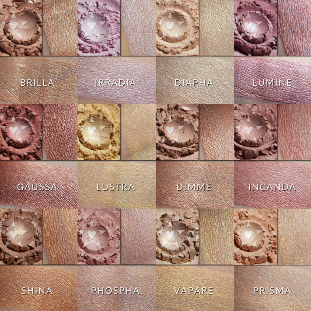 Prisma illuminator loose and swatched on the skin.  PRISMA- A sheer, soft glowing coral with a touch of buff undertones.