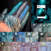 Hand with metallic blue and silver paint, color swatches, and a grid of texture samples.
