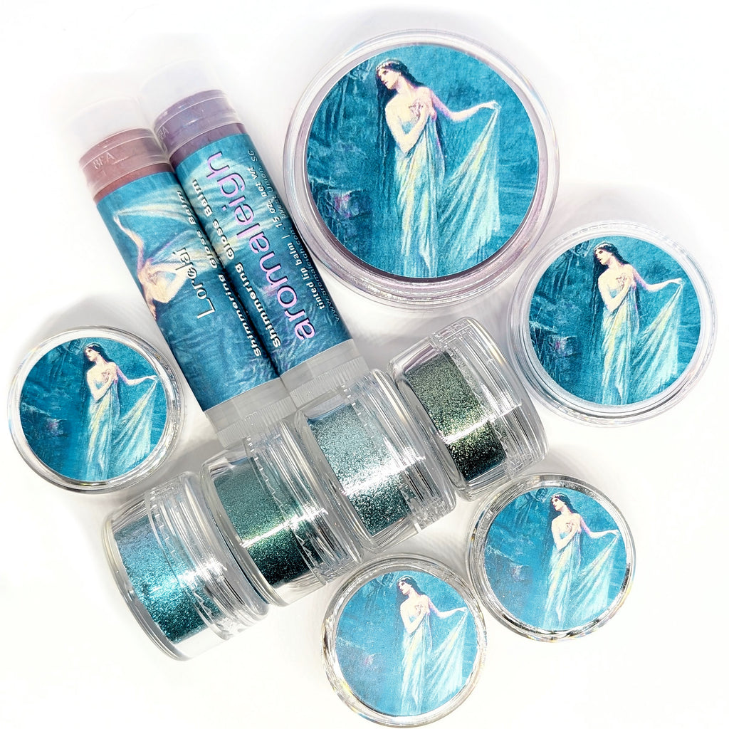 Cosmetic product with blue packaging and images of a woman on a white background