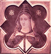 Pink toned monochromatic painting of Matilda of Canossa.
