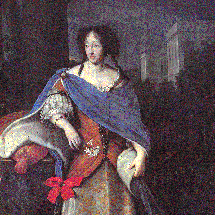 A painting of Adelaide of Susa showing a pale skinned woman with dark curly hair standing proudly in a red brocade and lace dress with a dramatic purple cape lined with ermine fur.