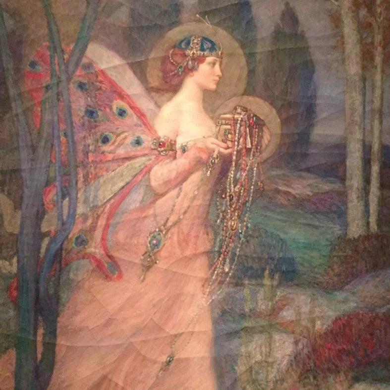 Painting of a woman with butterfly wings in ethereal pink gown and headwear, carrying jewels in the forest.