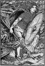 Woodcut of Lagertha with sword and shield, in black and white
