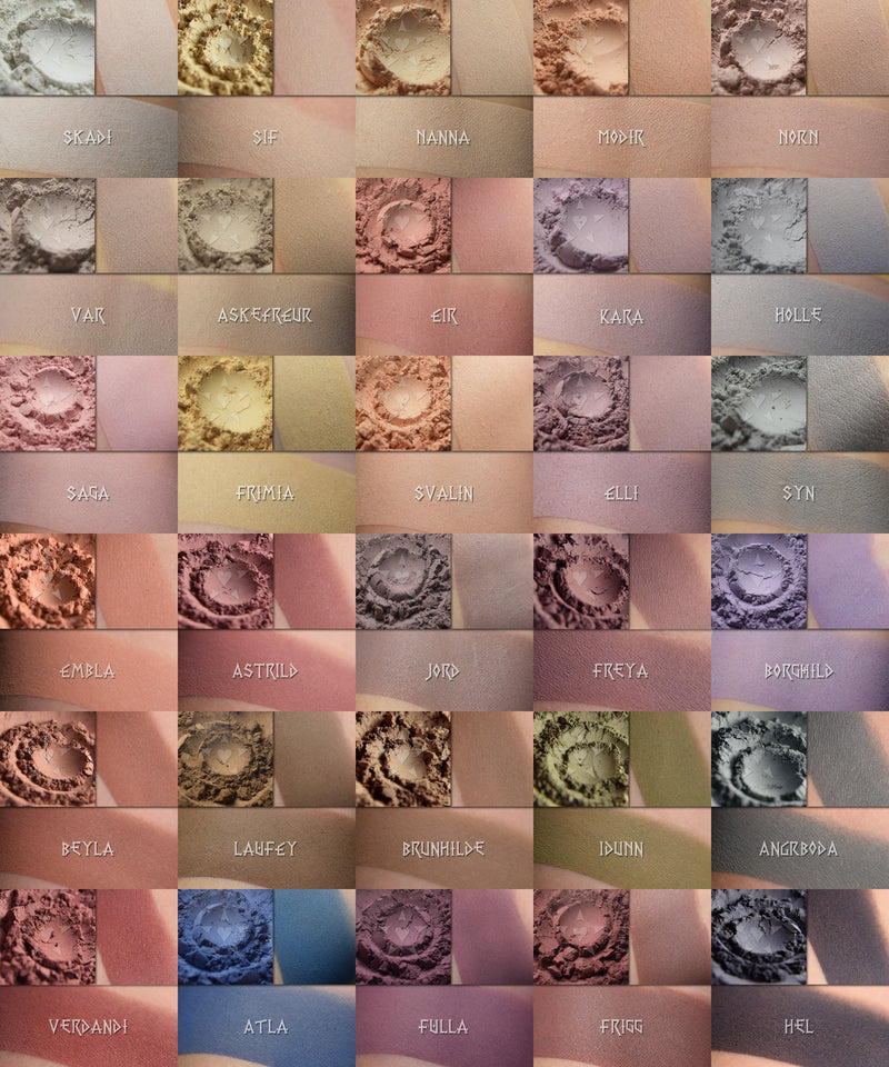 Image depicts a large group of matte eyshadows from the matte Saga collections. This grouping shows nature toned matte eyeshadows in a range of tones and shades.