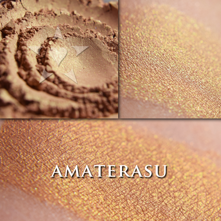 AMATERASU, a highlighter with lustrous bronze with golden shift., shown in three different views. swatched on the skin and looose. lustrous bronze with golden shift.