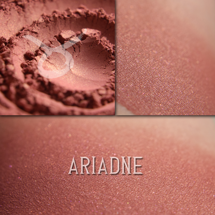 ARIADNE rouge product collage showing it loose and swatched on the skin. a soft red with glowing coppery shimmer.