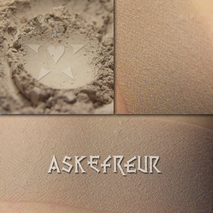 Askefreur eyeshadow collage showing the matte product loose and swatched on the skin. It's a Muted taupe.