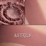 Collage of Astrild matte eyeshadow showing it loose and swatched on the skin. Midtone pinked buff with mauve tones