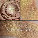 Image shows skin swatches of Agnodice eyeshadow. Agnodice is very mutable. It can appear coppery, buff, soft brown or rosy brown in different lighting. It has a strong shifting effect of gold, copper, green and chartreuse.