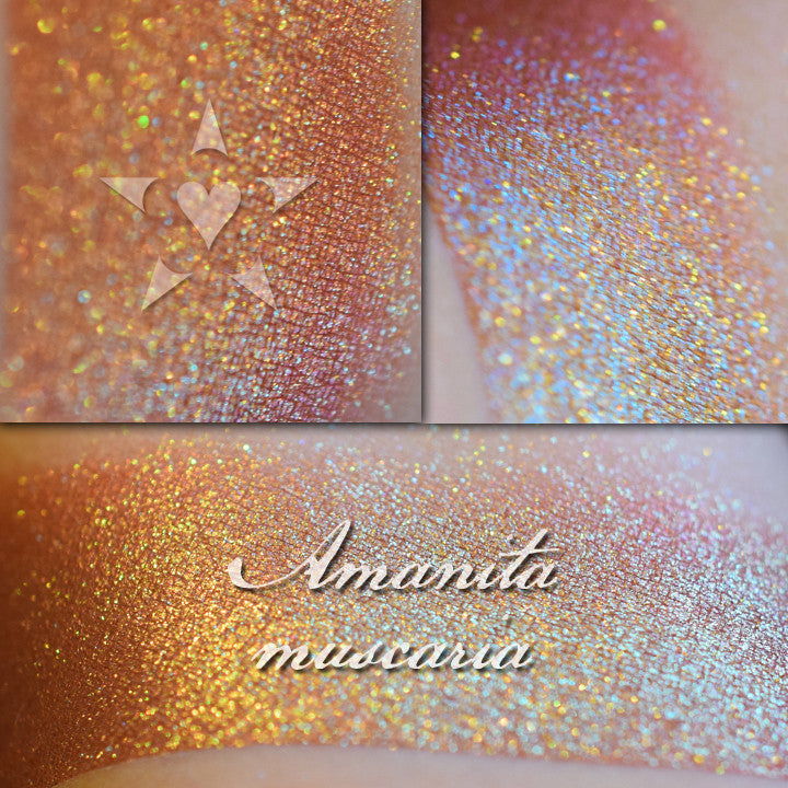 Image showing skin swatches of different views f this shade, It has a warm red base and strong gold to chartreuse color travel.