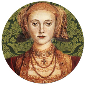 Painting showing Anne of Cleves in traditional dress of gold, burgundy and brown, in front of a dark green brocade background.