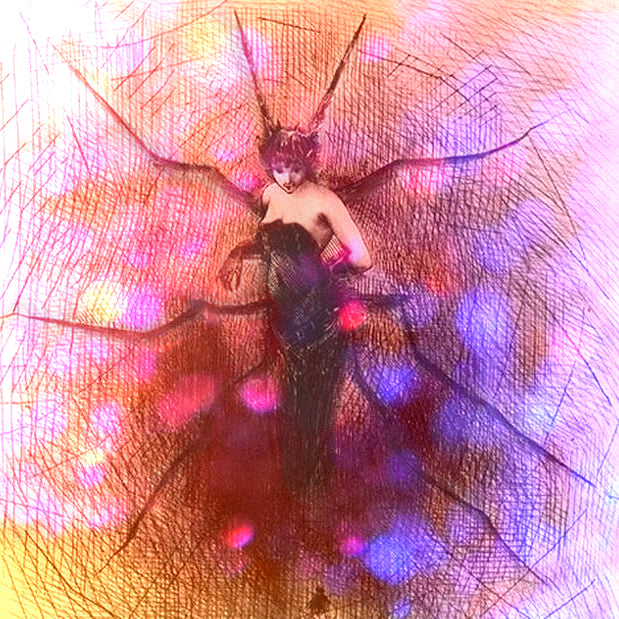 Colorful magenta orange and yellow blurred background with black and white pencil drawing of Arachne with spider legs overlaid. This image appears on full size jars of this product.