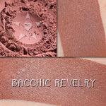 BACCHIC REVELRY- Multipurpose Contour/Eyeshadow loose and swatched on the skin. Rich terracotta brown/mahogany.