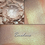 BRAHMA - EYESHADOW loose and swatched on the skin. a delicate pastel pinkish brown with a strong grass green highlight. 