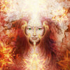 Fantasy style illustration of the Goddess Brigid surrounded by flames and flowers.