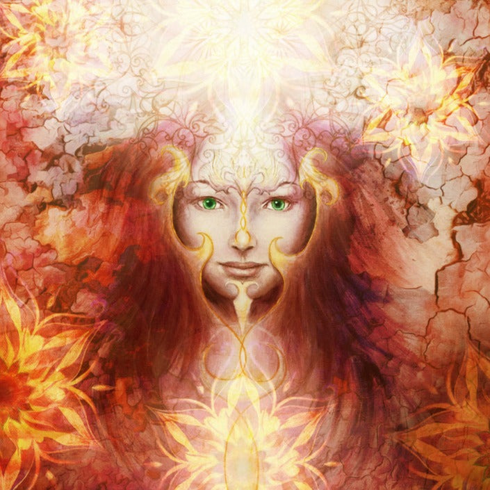 Fantasy style illustration of the Goddess Brigid surrounded by flames and flowers.