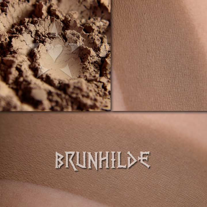 BRUNHILDE eyeshadow shown in a collage. Loose and swatched on the skin. A medium toned taupe beige matte. 