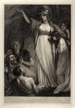 A vintage engraving in black and white showing Boudivva in white robes and a metal helmet, leading her people.