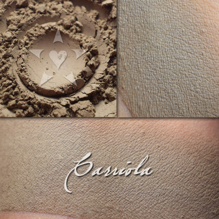 CARRIOLA- - Multipurpose Contour/Eyeshadow loose and swatched on the skin. Warm brown-green. 