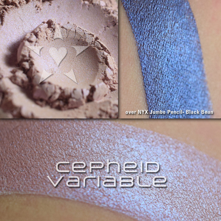 CEPHEID VARIABLE - MULTI/HIGHLIGHTER skin swatches and loose powder. Cepheid Variable has a buff base which flashes blue.