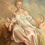 Classical painting in hues of cream and gold of the Goddess Ceres, by Jean Watteau.