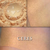 CERES - highlighter  loose and swatched on the skin. Ceres is a beautiful glowing pale coppery multipurpose Goddess Highlighter.