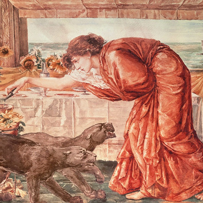 Painting by Edward Burnes Jones depicting Circe in red robes with wild animals.