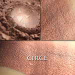 CIRCE- Multipurpose - Rouge loose and swatched on the skin. Circe is lush and metallic rose gold bronze