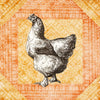 Black and white drawing of Cochin chicken on a colorful country patterned background.