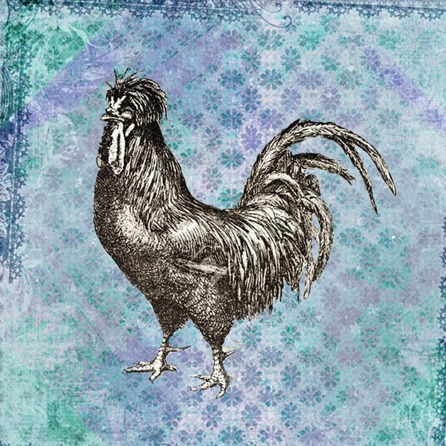 Black and white drawing of a Langshan chicken on a pblue, green and purple patterned background.