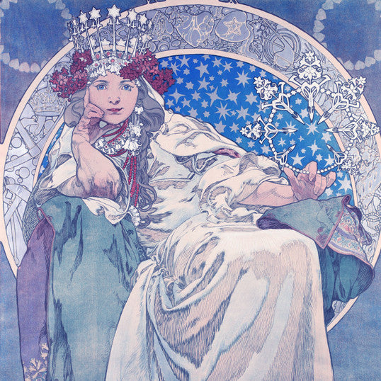 Drawing by Alphonse Mucha depicting a likeness of Cailleach in shades of blue and white.
