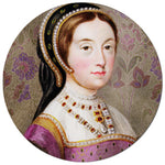 Painting of Catherine Howard in hues of purple, pink and taupe. She is wearing traditional dress and looking demurely forward. 