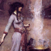 Painting by J.W. Waterhouse of a woman in pale violet dress casting spells at a fire.
