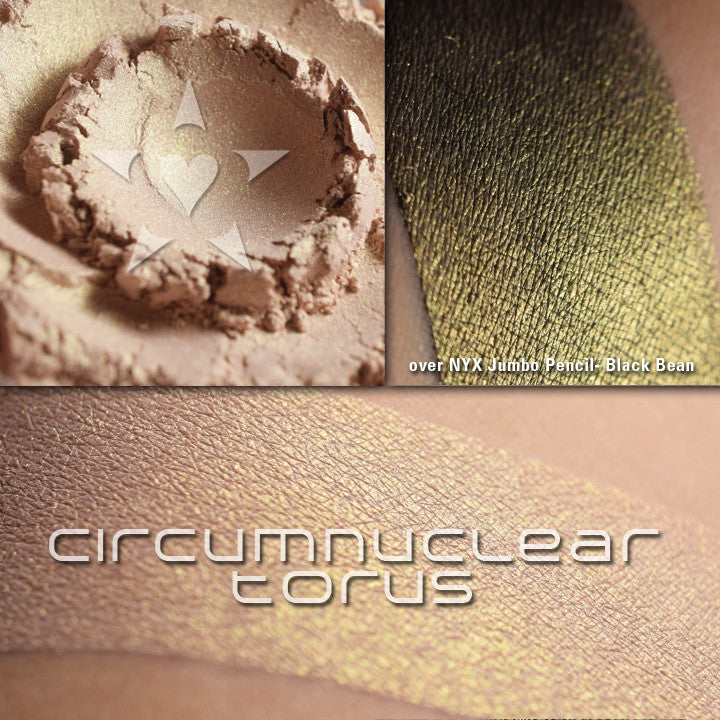 CIRCUMNUCLEAR TORUS - MULTI/HIGHLIGHTER loose and swatched on the skin. buff base with a strong golden glow.