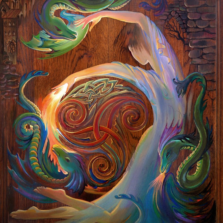 Fantasy modern painting of Corra, surrounded by dragons and celtic patterns.