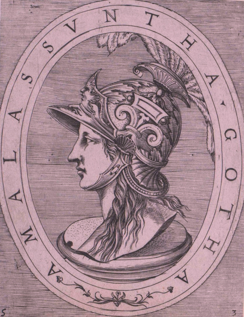 Image shows a vintage line engraving in tones of black, gray and soft pink background depicting Amalasuntha, who this rouge is named after. It is a prfile view, wearing an elaborate decorative helmet with plumes of feathers.