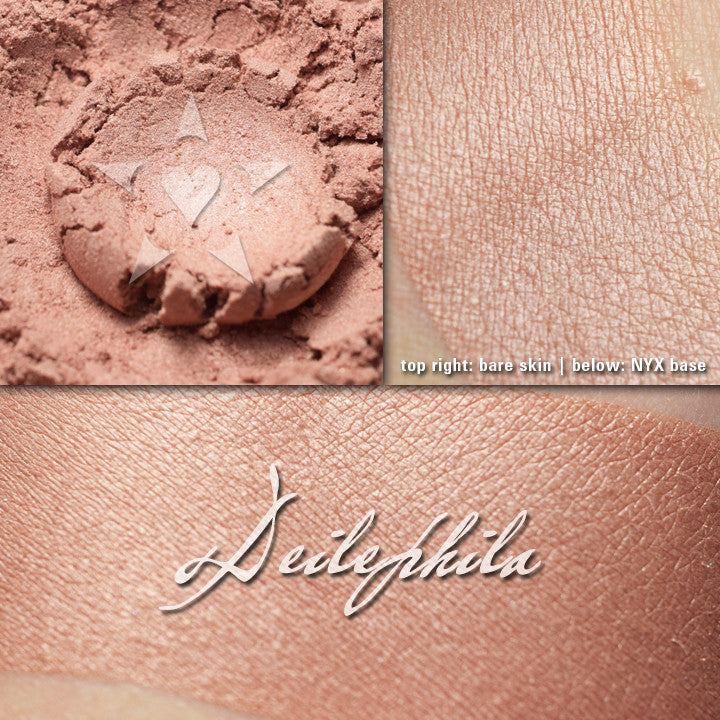 DEILEPHILA - Multipurpose highlighter/eyeshadow - loose and swatched on dry skin and over primer. A muted peachy pink. 
