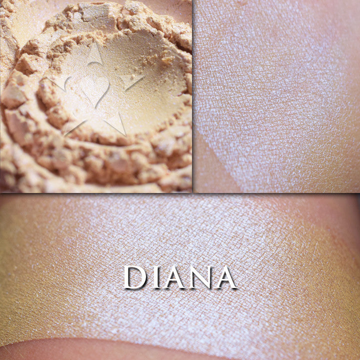 DIANA highlighter loose and swatched on the skin.  Diana is a pale gold highlighter with a soft blue lustre