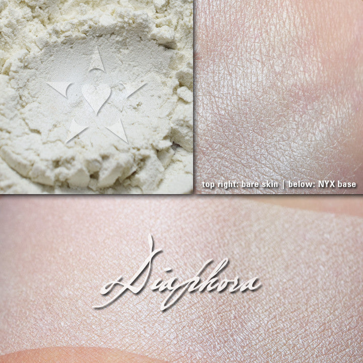 DIAPHORA - Multipurpose highlighter/eyeshadow  loose and swatched on both bare skin and over primer. A satin finish white.