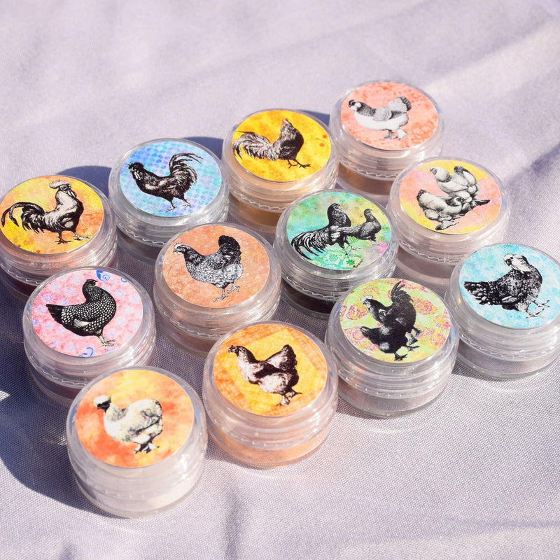 Colorful jars of eyeshadow from this collection with a different chicken featured on each jar label.