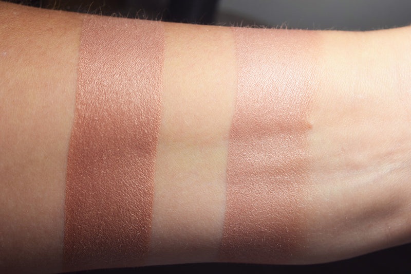 Deilephila swatched on medium caucasian skin over primer and bare skin,. A muted peachy pink. 