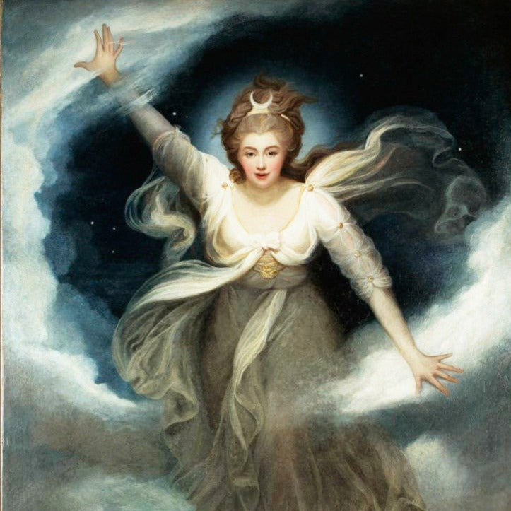 Classical painting depicting the Goddess Diana in the cloudy night sky lit by the moon.